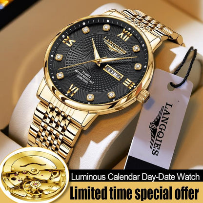 LANGQIES Elegant Multi-Function Men'S Watch with Original Swiss Movement, Featuring Dual Calendar, 42Mm Dial, Sapphire Crystal, Stainless Steel Band, and Luminous Water-Resistant Design.