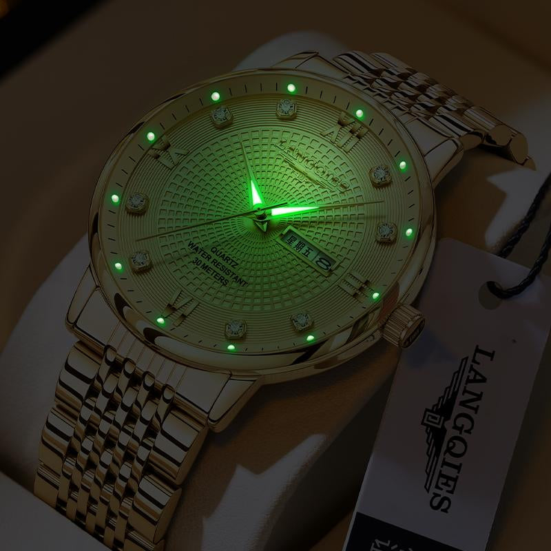 LANGQIES Elegant Multi-Function Men'S Watch with Original Swiss Movement, Featuring Dual Calendar, 42Mm Dial, Sapphire Crystal, Stainless Steel Band, and Luminous Water-Resistant Design.