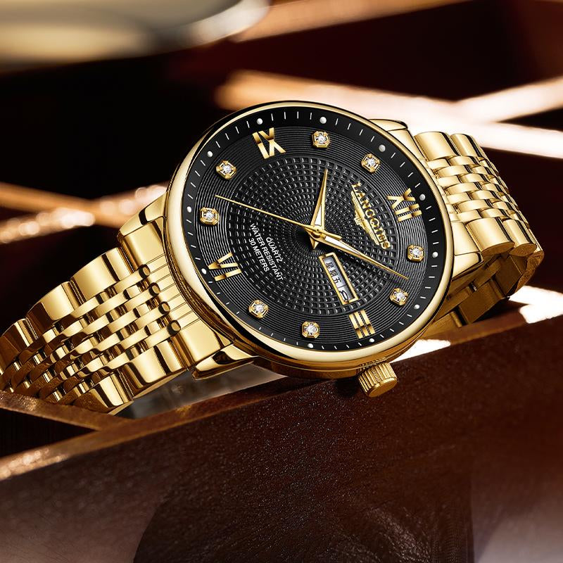LANGQIES Elegant Multi-Function Men'S Watch with Original Swiss Movement, Featuring Dual Calendar, 42Mm Dial, Sapphire Crystal, Stainless Steel Band, and Luminous Water-Resistant Design.