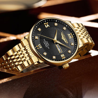 LANGQIES Elegant Multi-Function Men'S Watch with Original Swiss Movement, Featuring Dual Calendar, 42Mm Dial, Sapphire Crystal, Stainless Steel Band, and Luminous Water-Resistant Design.