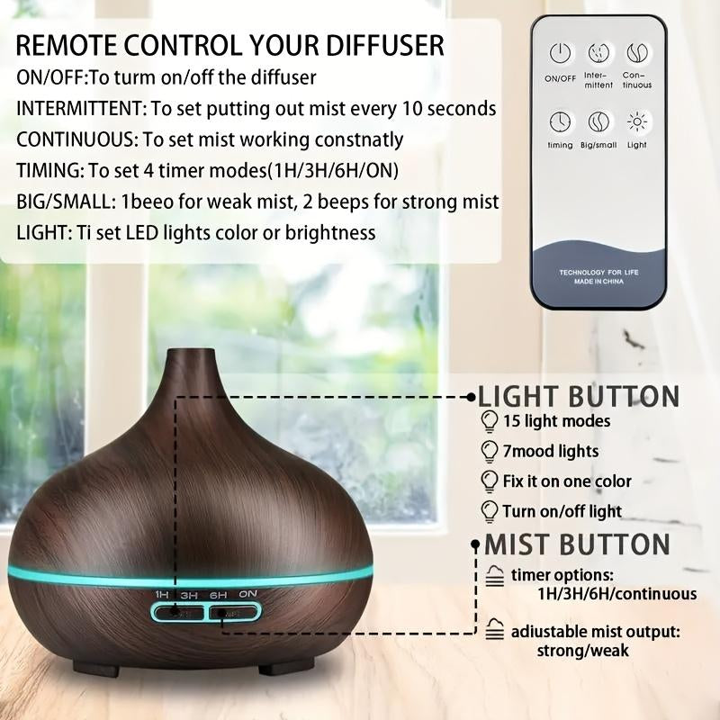 550Ml Diffuser with Remote Control Wood Grain Timer, Cool Mist Humidifier for Large Room with 6 Oil Set