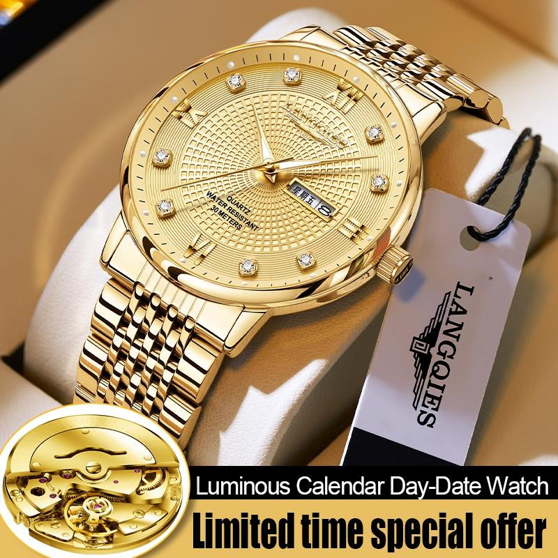 LANGQIES Elegant Multi-Function Men'S Watch with Original Swiss Movement, Featuring Dual Calendar, 42Mm Dial, Sapphire Crystal, Stainless Steel Band, and Luminous Water-Resistant Design.