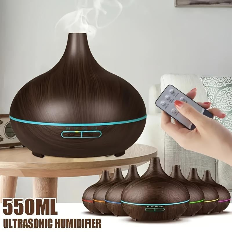 550Ml Diffuser with Remote Control Wood Grain Timer, Cool Mist Humidifier for Large Room with 6 Oil Set