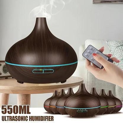 550Ml Diffuser with Remote Control Wood Grain Timer, Cool Mist Humidifier for Large Room with 6 Oil Set