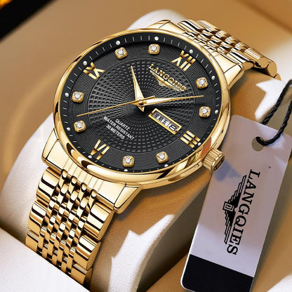 LANGQIES Elegant Multi-Function Men'S Watch with Original Swiss Movement, Featuring Dual Calendar, 42Mm Dial, Sapphire Crystal, Stainless Steel Band, and Luminous Water-Resistant Design.