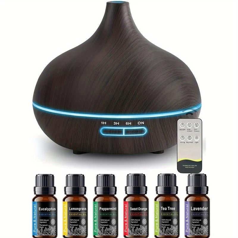 550Ml Diffuser with Remote Control Wood Grain Timer, Cool Mist Humidifier for Large Room with 6 Oil Set