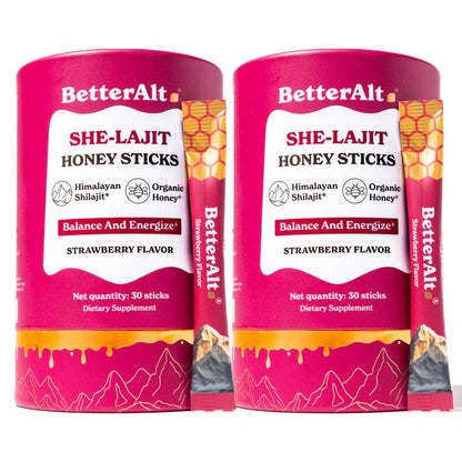 2 Packs of Women Multi-Mineral Honey Sticks | Betteralt She-Lajit Strawberry Flavor | Shilajit, Shatavari & Saffron | Hormonal Balance & Energy - 60 Honey Packs