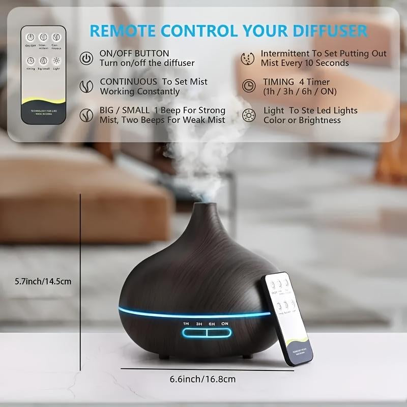 550Ml Diffuser with Remote Control Wood Grain Timer, Cool Mist Humidifier for Large Room with 6 Oil Set
