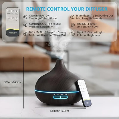 550Ml Diffuser with Remote Control Wood Grain Timer, Cool Mist Humidifier for Large Room with 6 Oil Set