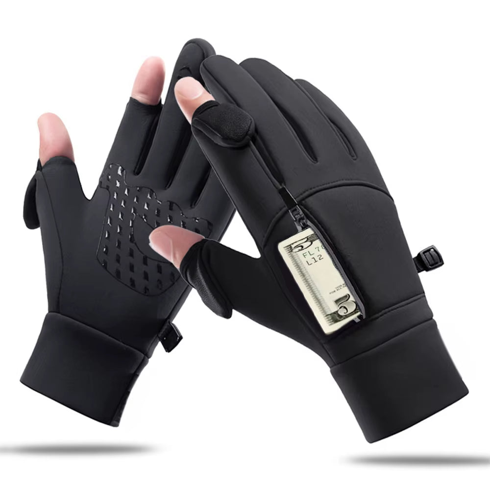 Winter Warm Gloves Flip over Expose Two Fingers Gloves Waterproof Windproof Touch Screen Gloves Cycling Ski Fishing Gloves