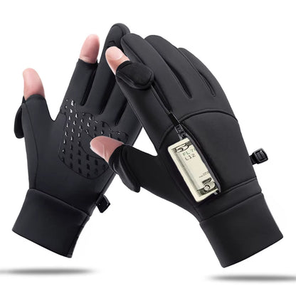 Winter Warm Gloves Flip over Expose Two Fingers Gloves Waterproof Windproof Touch Screen Gloves Cycling Ski Fishing Gloves