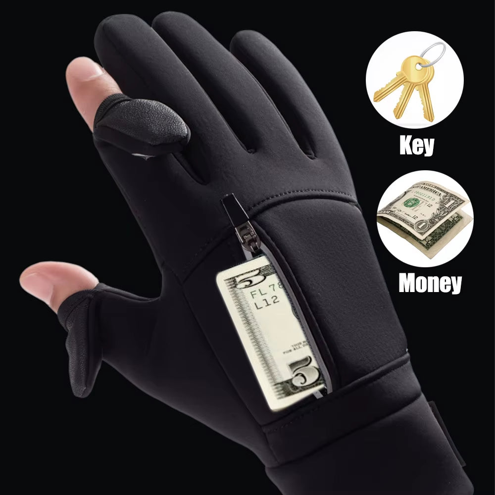 Winter Warm Gloves Flip over Expose Two Fingers Gloves Waterproof Windproof Touch Screen Gloves Cycling Ski Fishing Gloves