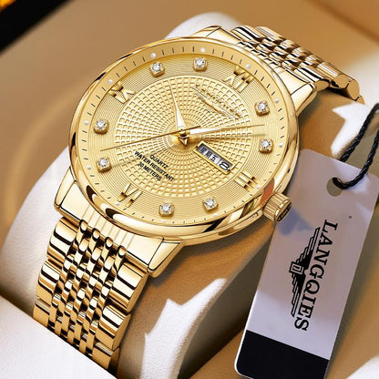 LANGQIES Elegant Multi-Function Men'S Watch with Original Swiss Movement, Featuring Dual Calendar, 42Mm Dial, Sapphire Crystal, Stainless Steel Band, and Luminous Water-Resistant Design.