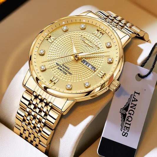 LANGQIES Elegant Multi-Function Men'S Watch with Original Swiss Movement, Featuring Dual Calendar, 42Mm Dial, Sapphire Crystal, Stainless Steel Band, and Luminous Water-Resistant Design.