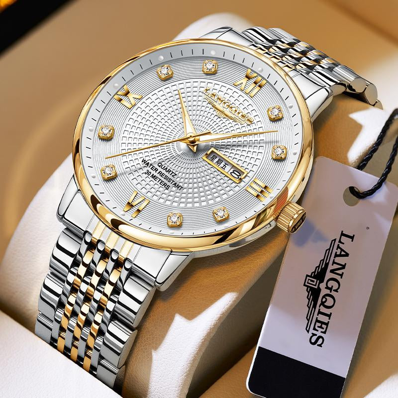 LANGQIES Elegant Multi-Function Men'S Watch with Original Swiss Movement, Featuring Dual Calendar, 42Mm Dial, Sapphire Crystal, Stainless Steel Band, and Luminous Water-Resistant Design.