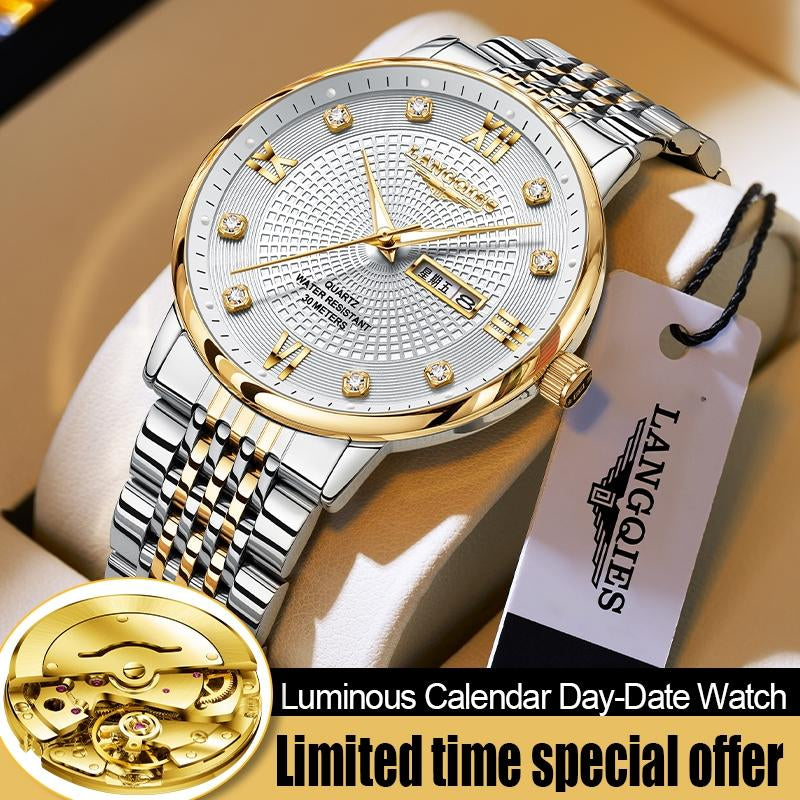 LANGQIES Elegant Multi-Function Men'S Watch with Original Swiss Movement, Featuring Dual Calendar, 42Mm Dial, Sapphire Crystal, Stainless Steel Band, and Luminous Water-Resistant Design.