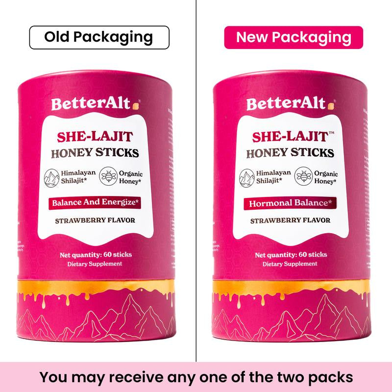2 Packs of Women Multi-Mineral Honey Sticks | Betteralt She-Lajit Strawberry Flavor | Shilajit, Shatavari & Saffron | Hormonal Balance & Energy - 60 Honey Packs