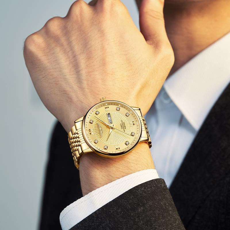 LANGQIES Elegant Multi-Function Men'S Watch with Original Swiss Movement, Featuring Dual Calendar, 42Mm Dial, Sapphire Crystal, Stainless Steel Band, and Luminous Water-Resistant Design.